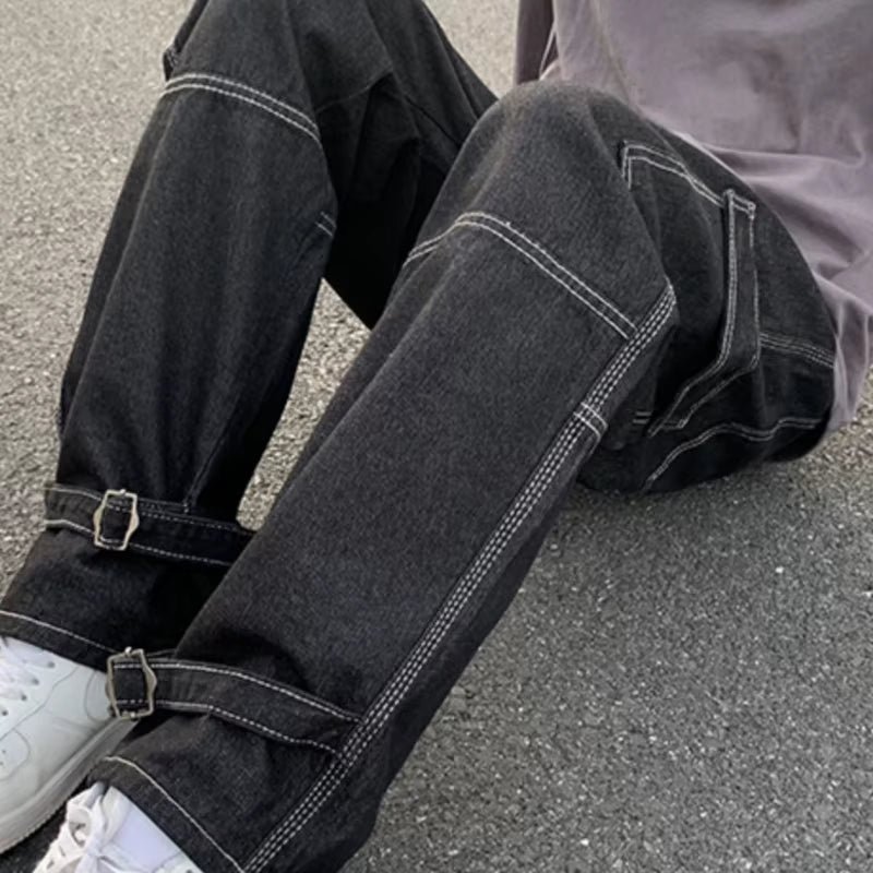 Men's Wide Leg Cargo Jeans - Casual Hip Hop Straight Baggy Denim Pants for Streetwear and Skateboarding