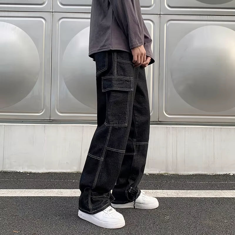 Men's Wide Leg Cargo Jeans - Casual Hip Hop Straight Baggy Denim Pants for Streetwear and Skateboarding