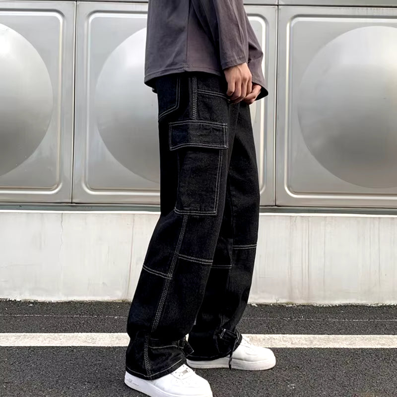 Men's Wide Leg Cargo Jeans - Casual Hip Hop Straight Baggy Denim Pants for Streetwear and Skateboarding