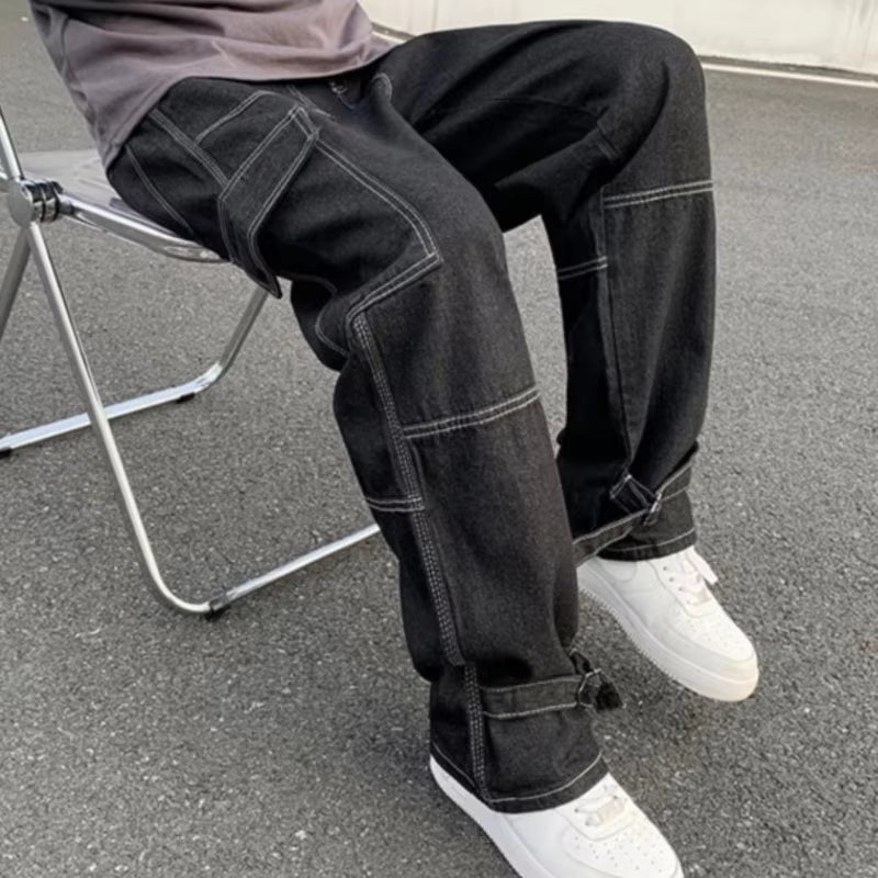 Men's Wide Leg Cargo Jeans - Casual Hip Hop Straight Baggy Denim Pants for Streetwear and Skateboarding